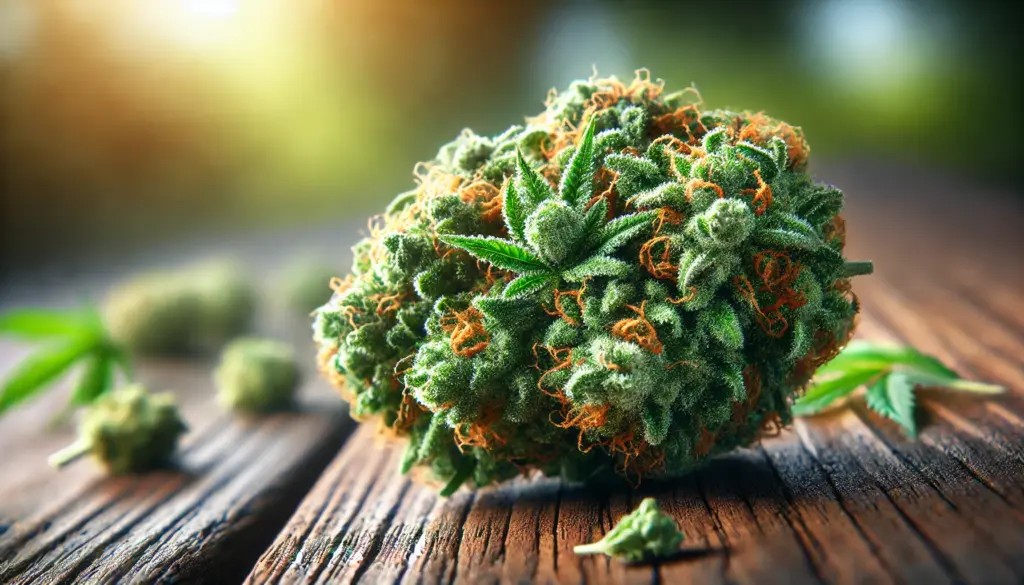 DALL·E 2025 03 05 17.00.00 A high definition close up of premium CBD buds with vibrant green and orange hues densely covered in trichomes resting on a wooden surface. The imag